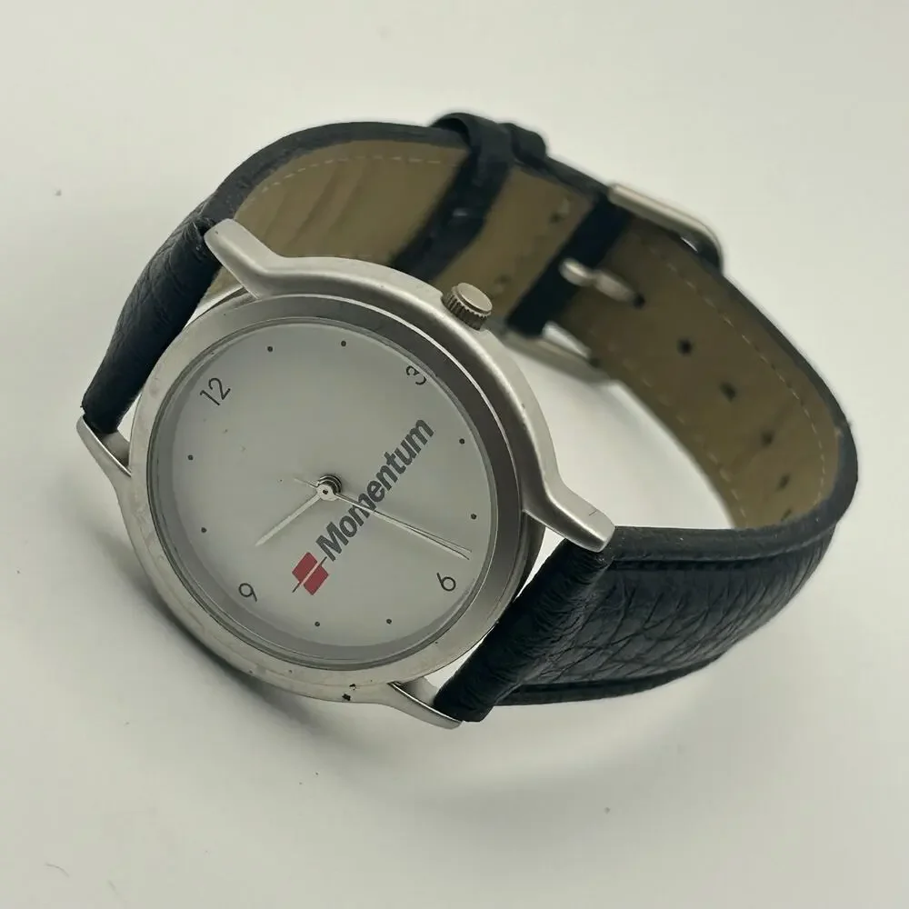 Momentum White Dial Black Leather Minimalist Watch Working New Battery